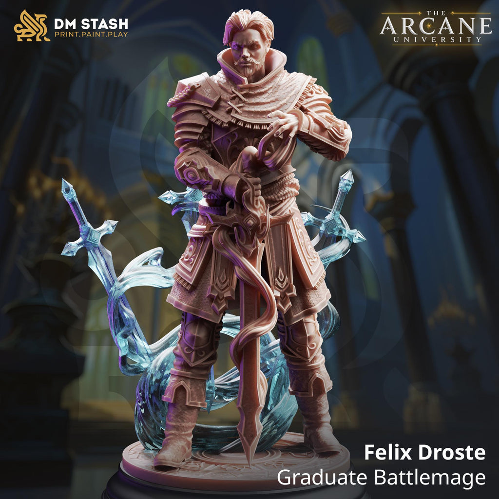 Felix Droste Battlemage Mini | DM Stash Arcane University | Clear Sword Option Hexblade Eldritch Knight Miniature | 32mm Gaming 75mm Display