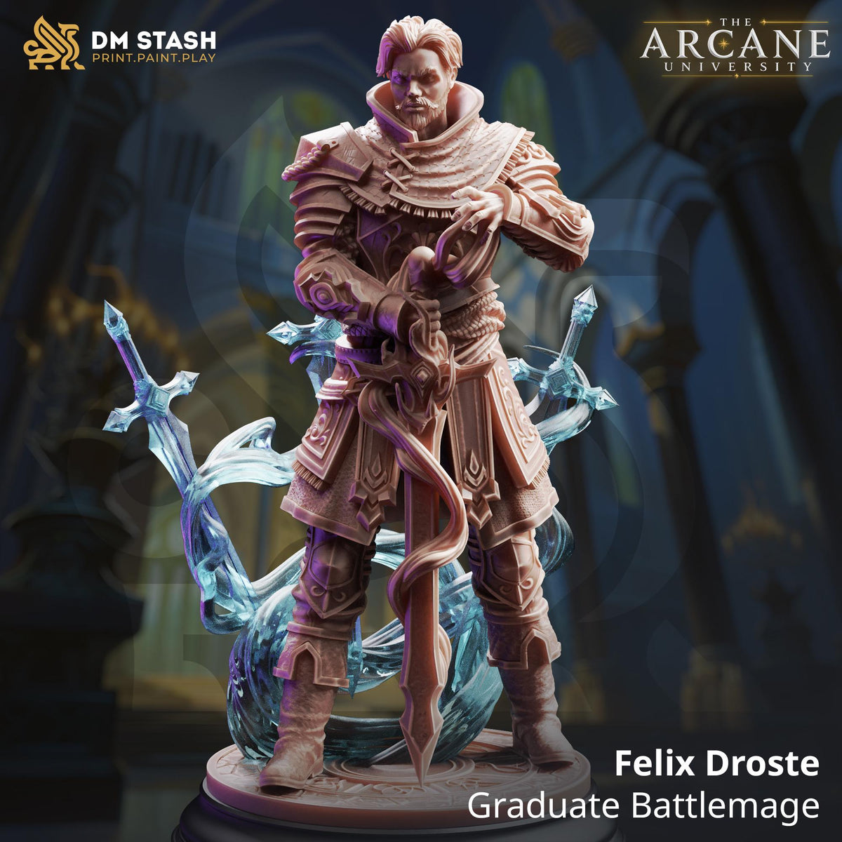 Felix Droste Battlemage Mini | DM Stash Arcane University | Clear Sword Option Hexblade Eldritch Knight Miniature | 32mm Gaming 75mm Display