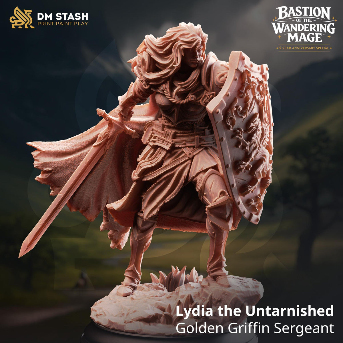 Lydia Untarnished Golden Griffin Sergeant Miniature | Paladin, Fighter, Cleric (Resin Print)