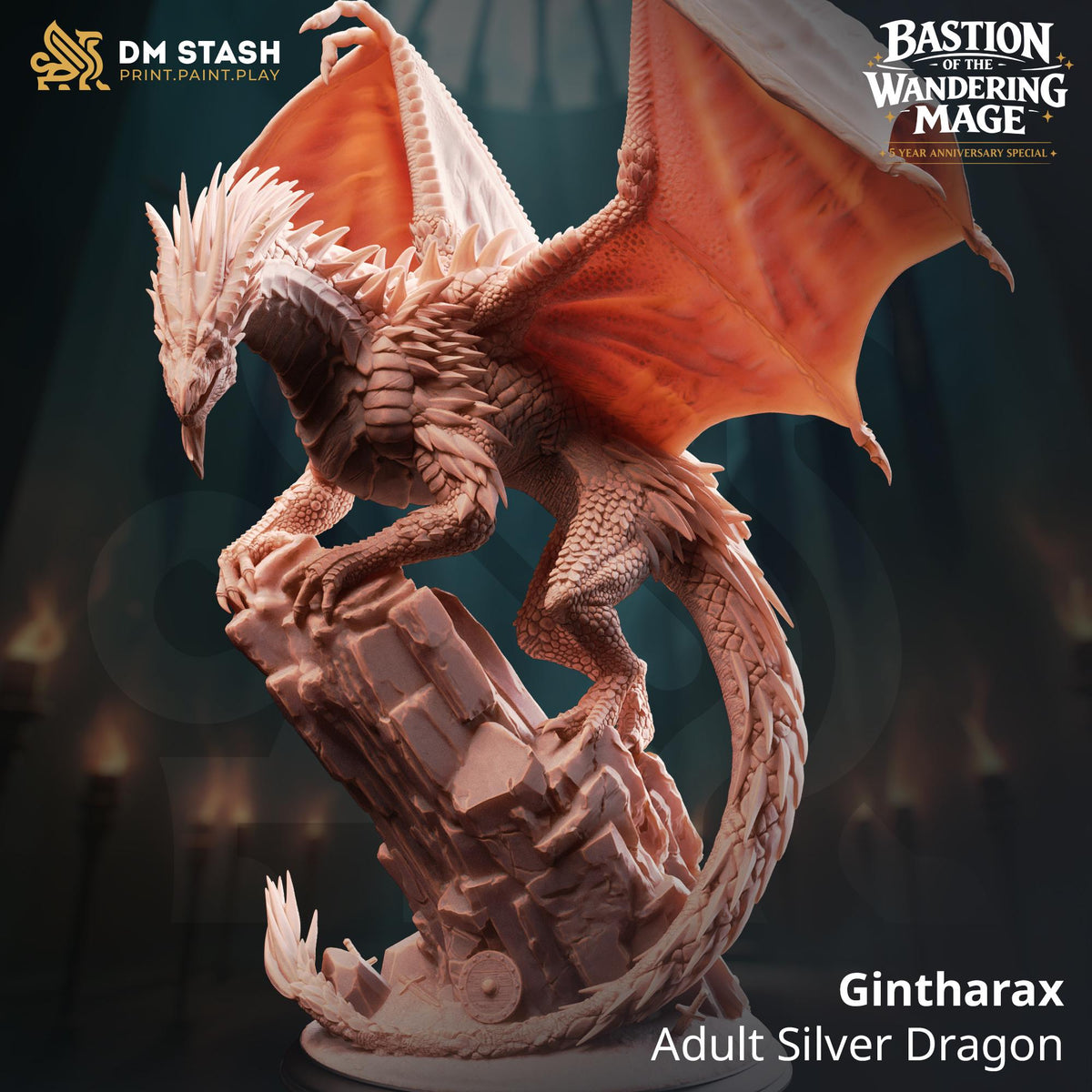 Gintharax Adult Silver Dragon Miniature | 16K Resin Gargantuan D&D Boss