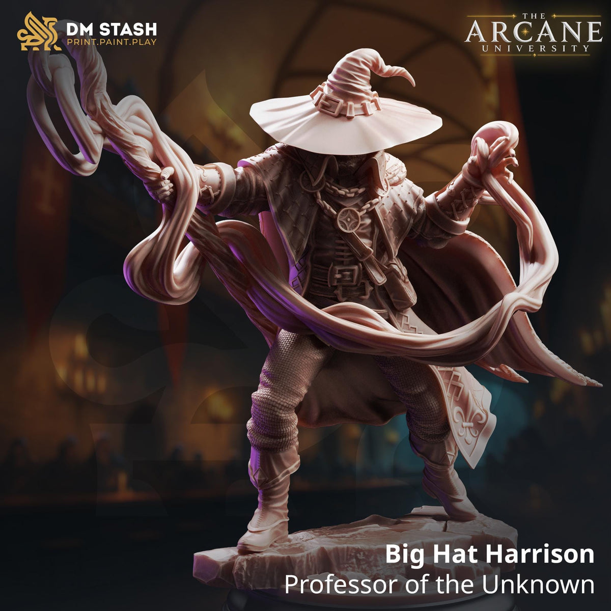Big Hat Harrison Mini | DM Stash Arcane University | Cosmic Wizard Occult Divination Mage Miniature | 32mm Gaming 75mm Display Scale